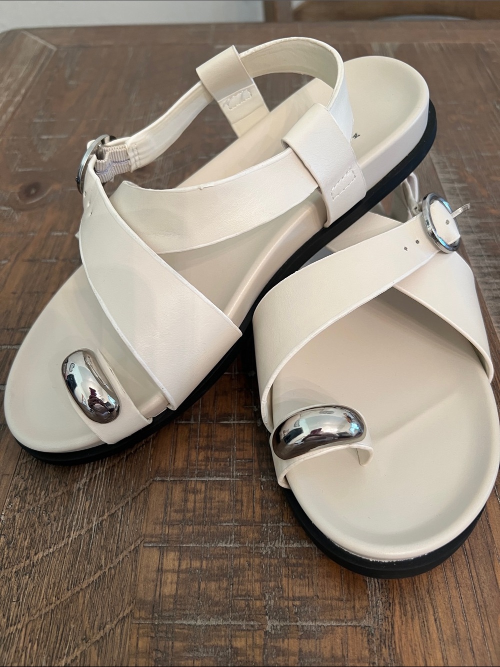 a new day  white Penelope Cream Toe-Loop Buckle Sandals